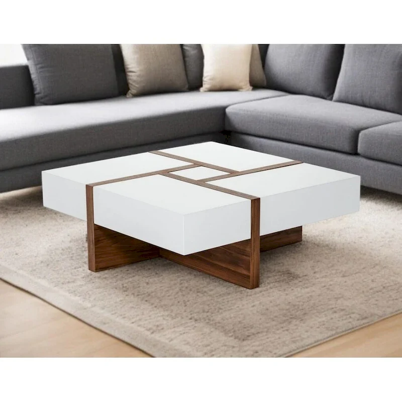 Modern White and Walnut Square Coffee Table with Storage