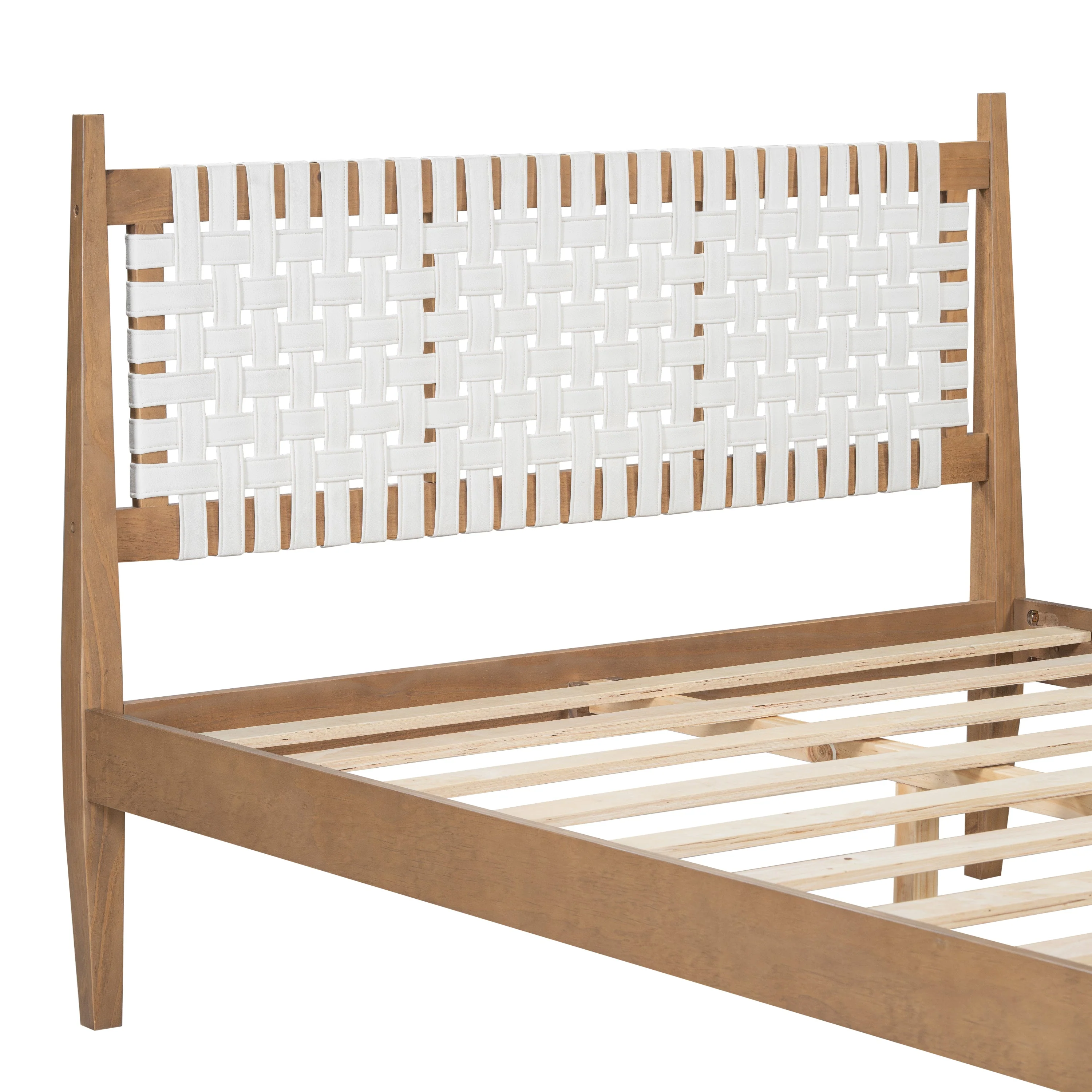 Woven White Leather Headboard Queen Pine Wood Bedframe
