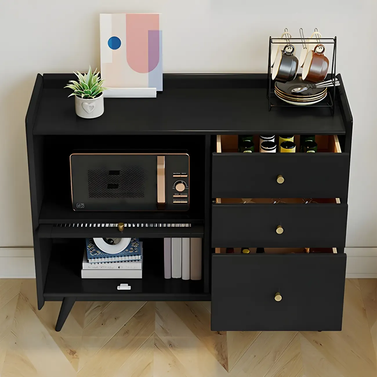 Modern Black Espresso Sideboard with Cabinets & Drawers