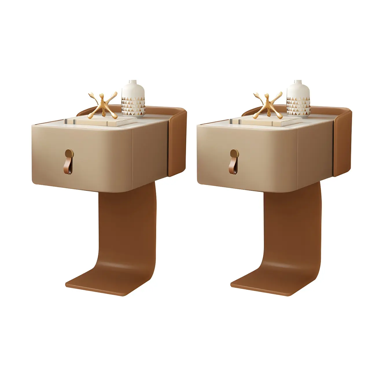 Khaki Stone Top Wood C-Shaped Nightstand with Drawer