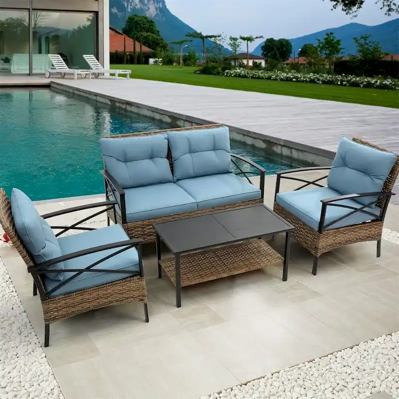 Patio 4 Piece Sectional Low Dining Conversation Sofa Set w/ Cushion