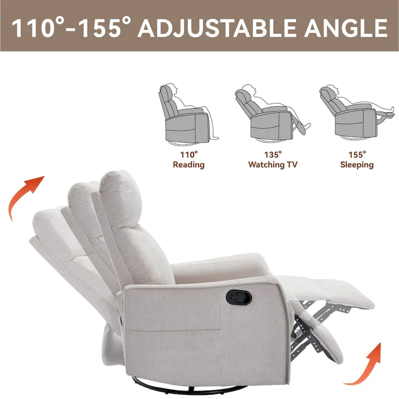 8 Point Massage Manual Recliner Chair Fabric Swivel Rocking Chair Single Sofa Armchair with Rocker and Lumbar Heating