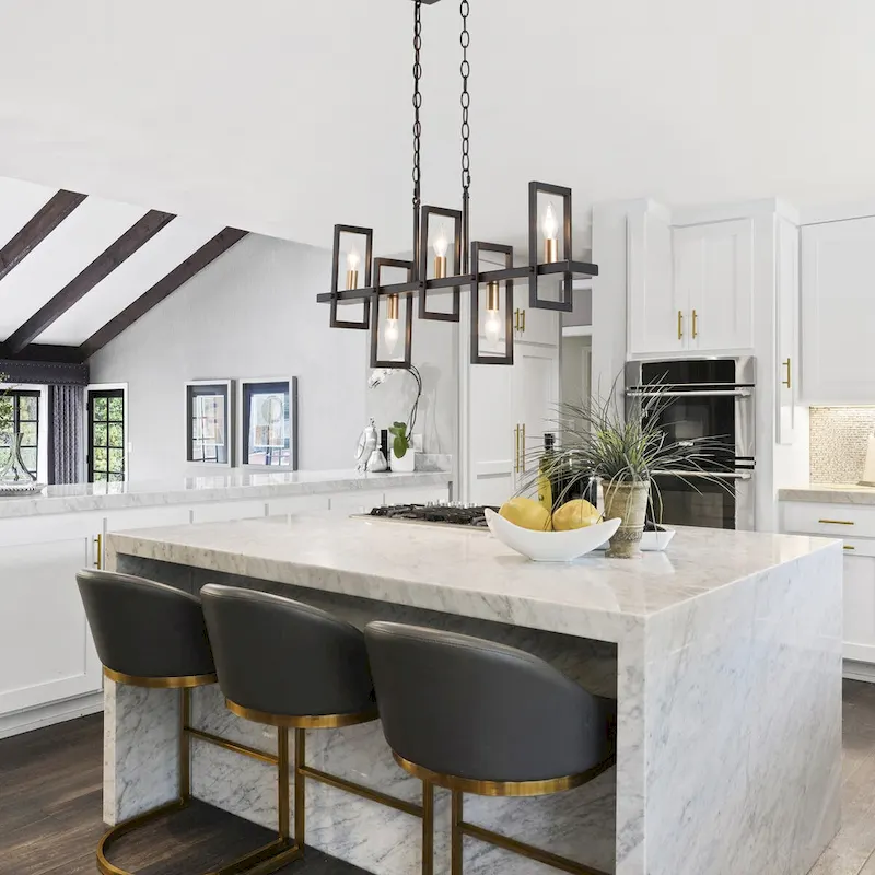 5-light Modern Black Gold Kitchen Island Geometrical Candle Chandelier Linear Penant Light - L31.5  x W4  x H74