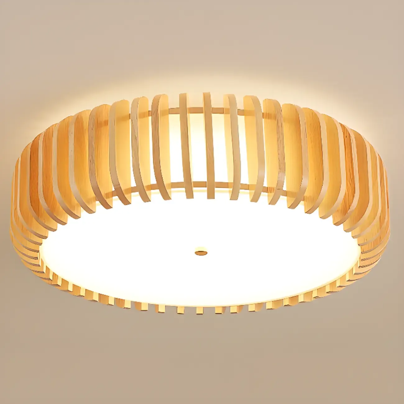 Natural Wood Circular Dimmable LED Flush Mount Ceiling Light