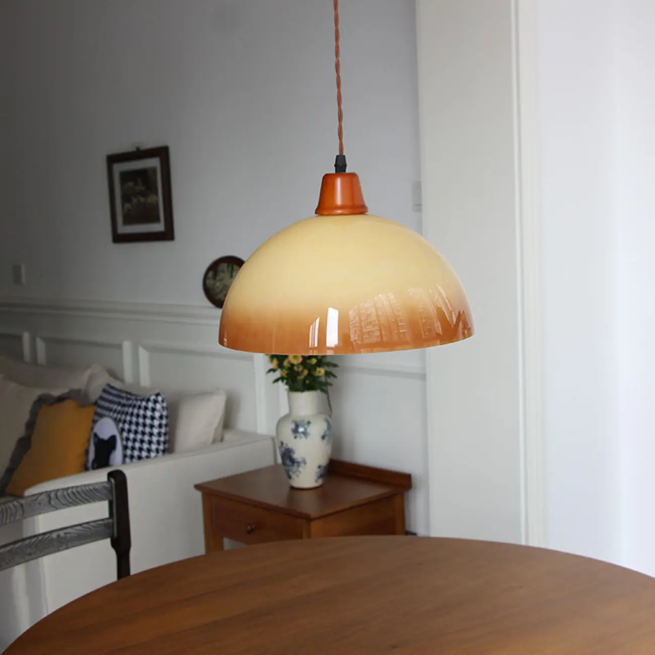 White Glass Wood Rope Round Pendant Light