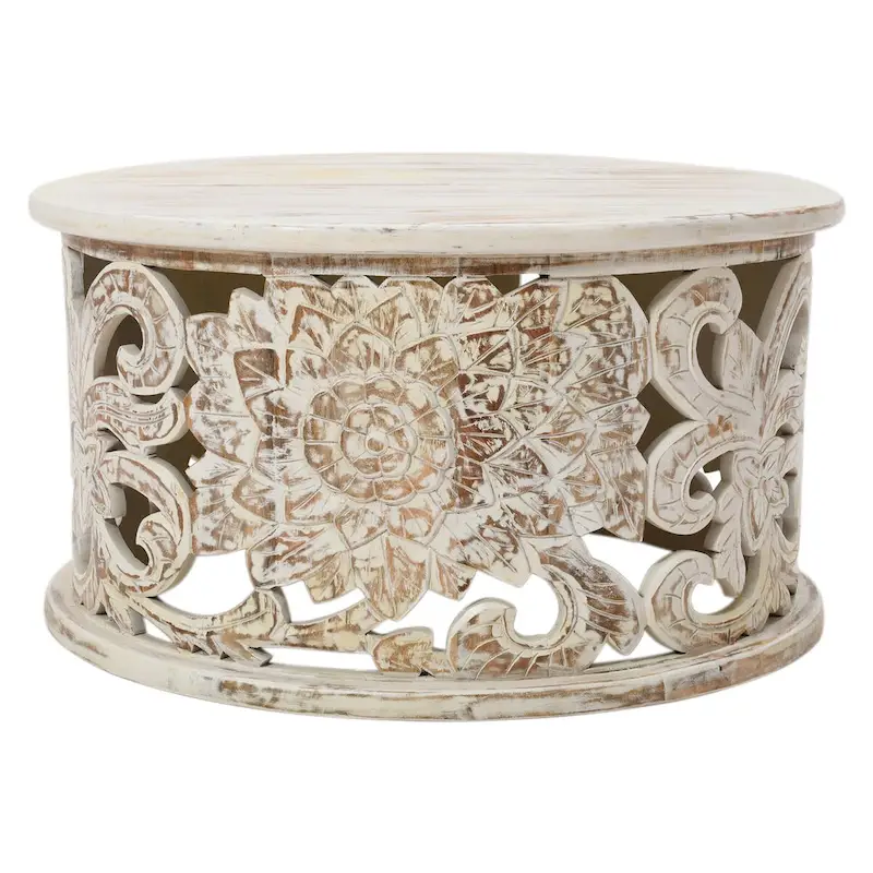 Alina Coffee Table Handcrafted Mango Wood Floral Carved Cut Out Design Distressed White Finish 33 Inch