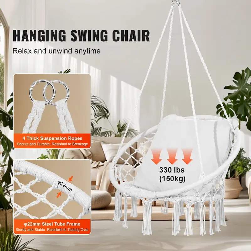 Hanging Hammock Swing Chair, Macram Hanging Chair with Cushion and Mounting Hardware, Cotton Rope Swing Chair