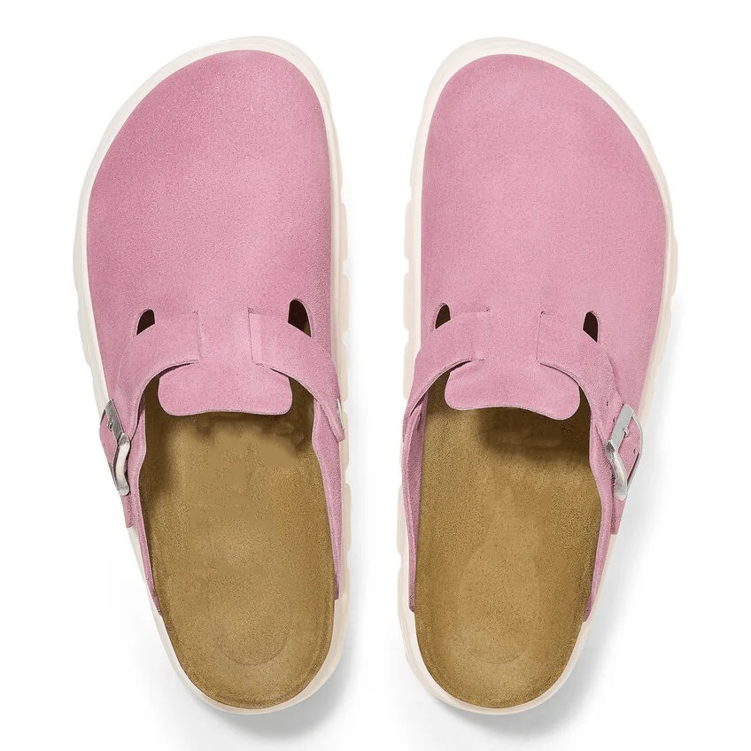 Closed-Toe cork slides Chunky | Suede | Candy Pink