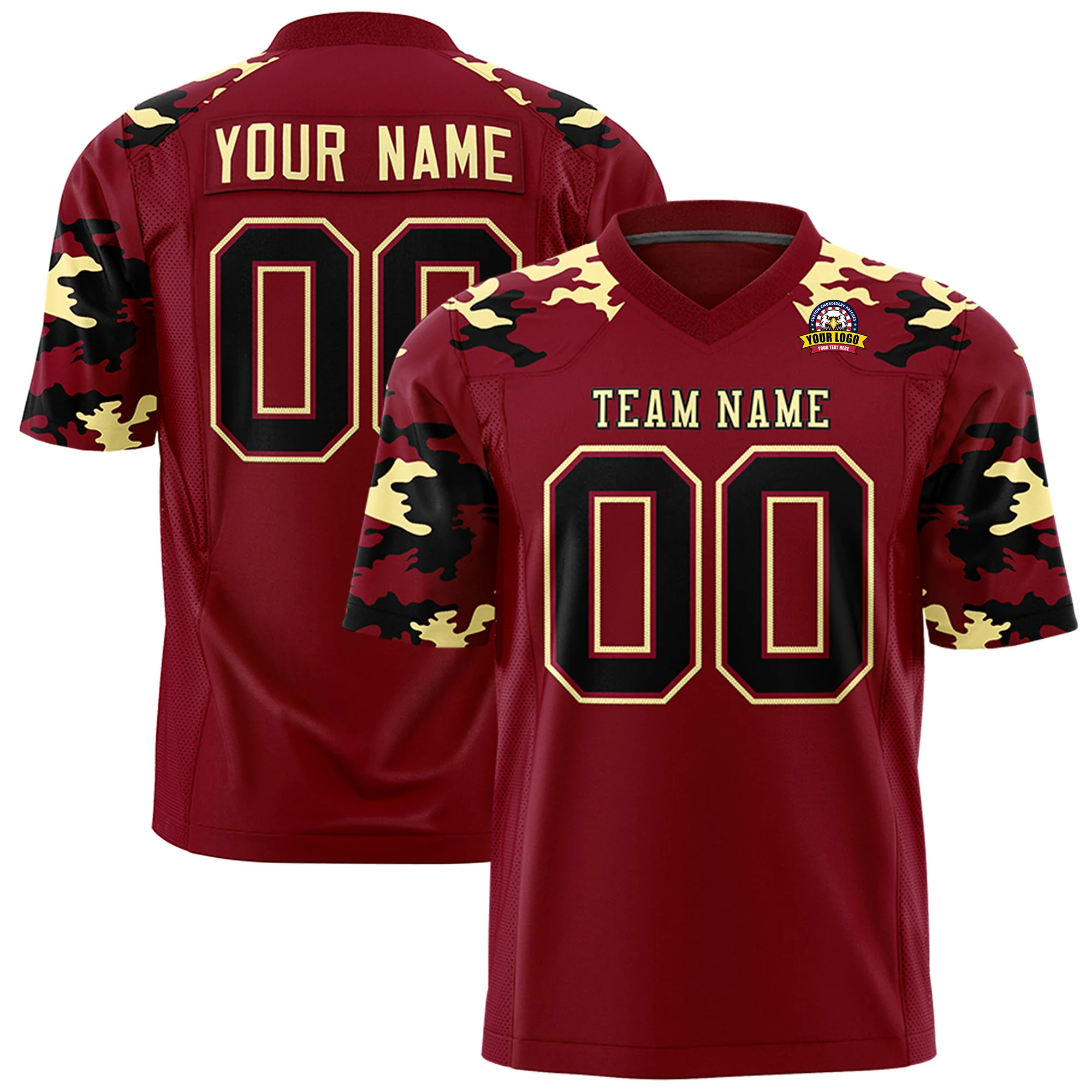 Custom Crimson Black-Old Gold Mesh Camo Football Jersey