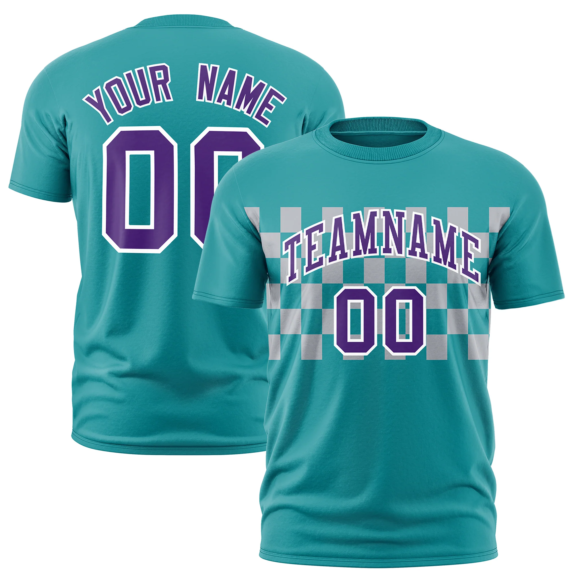 Custom Aqua Light Pink Crew neck Plaid Pattern Personalized  Performance T-Shirt