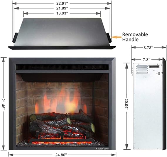 PuraFlame Western Electric Fireplace Insert with Fire Crackling Sound. Remote Control. 750/1500W. Black. 22 53/64 Inches Wide. 20 3/64 Inches High